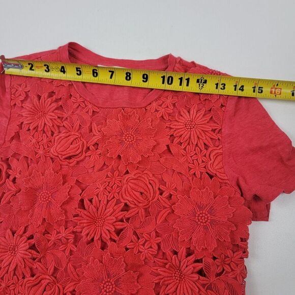 Tory Burch Blouse Shirt Womens XS Red Eyelet Overlay Floral Short Sleeve - Picture 6 of 12